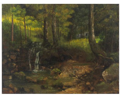 Gustave Courbet, 1819 Ornans – 1877 La-Tour-de-Peilz,und WerkstattSONNIGE WALDLANDSCHAFT MIT WASSERFALLÖl auf Leinwand.46 x 5