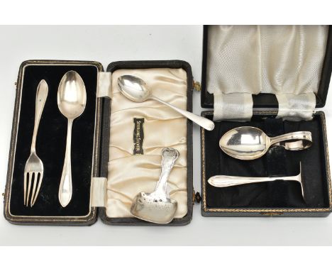 A SELECTION OF 19TH AND 20TH CENTURY SILVER TABLE WARE, to include a cased christening set, hallmarked 'Viner's Ltd' Sheffiel