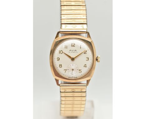 A 9CT GOLD GENTS WRISTWATCH, hand wound movement, round dial signed 'Avia' 17 jewels, Arabic numerals, subsidiary second dial