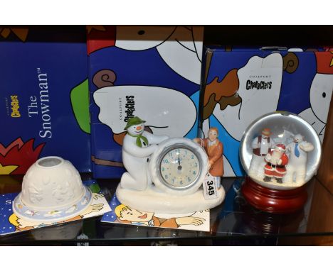 THREE BOXED COALPORT CHARACTERS 'THE SNOWMAN' NOVELTY ITEMS, comprising The Snowman / Father Christmas 'Line Dancing' snow gl