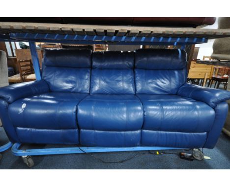 A BLUE LEATHER ELECTRIC THREE SEATER SOFA, with multiple buttons to recline, adjustable headrest, central armrest with cup ho