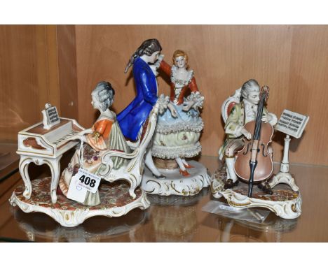 A GROUP OF TWO DRESDEN PORCELAIN FIGURINES AND ONE OTHER, comprising a pair of Kunst -Dresden Art Bavaria musicians (Cello pl