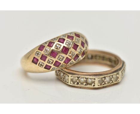 TWO GEM SET RINGS, the first a 9ct gold ruby and single cut diamond checker pattern dome ring, polished band hallmarked 9ct B