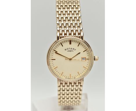 A BOXED 'ROTARY' WRISTWATCH, quartz movement, round gold dial signed 'Rotary', baton makers, date window at the three o'clock