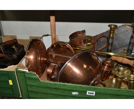 TWO BOXES OF ASSORTED METALWARES ETC, to include a copper Army &amp; Navy watering can, copper warming pan, Maple &amp; Co co
