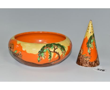 A WILKINSON 'MEMORY LANE' DESIGN BOWL AND SUGAR SIFTER, decorated with a stylised tree and flowers on an orange ground, bowl 