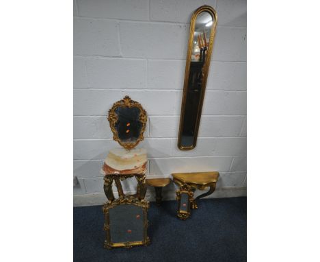 A GILT FRAME MARBLE EFFECT TOP LAMP TABLE, with scrolled and foliate legs, 35cm squared x height 78cm, along with four reprod