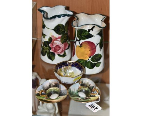 TWO UNMARKED WEYMSS STYLE VASES AND A SMALL QUANTITY OF NORITAKE AND CONTINENTAL PORCELAIN, the Wemyss style vases of conical