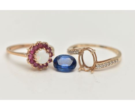 TWO 9CT GOLD GEM SET RINGS, the first a circular cluster set with a central opal (chipped) claw set in a surround of circular