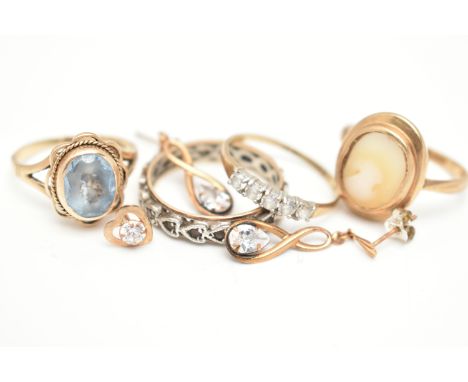 ASSORTED JEWELLERY, to include a 9ct gold blue topaz ring, hallmarked 9ct Birmingham, ring size N, a 9ct gold five stone ring