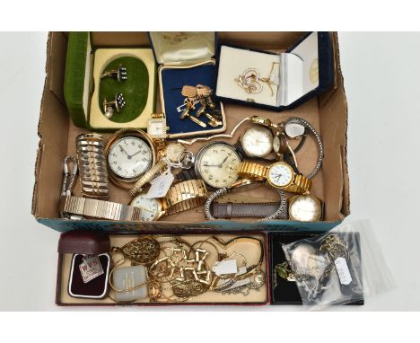 A BOX OF ASSORTED WATCHES AND JEWELLERY, to include an open face 'Smiths Empire' pocket watch and an open face 'Smiths'  pock