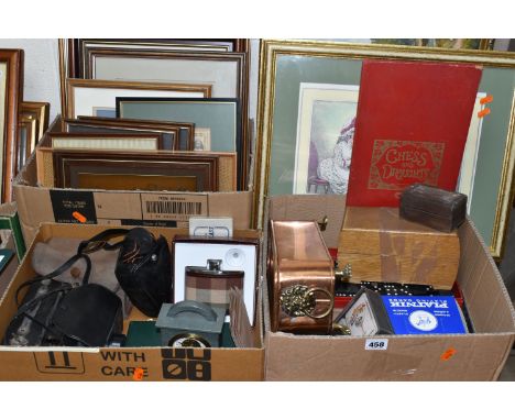 THREE BOXES OF FRAMED PRINTS AND SUNDRIES, comprising a copper and brass planter, wooden chess set, a Canon AF35m camera, a K