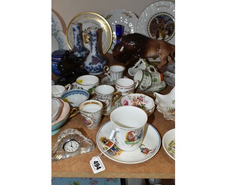 A GROUP OF NAMED CERAMICS, comprising a Tutbury-Georgian Crystal mantel clock, two blue and white Chinese tea bowls (hairline