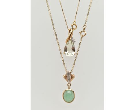 TWO PENDANT NECKLACES, the first set with a pear cut aquamarine, measuring approximately length 11.6mm x width 8.0mm, claw se