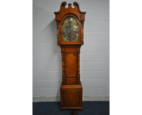 AN EARLY 20TH CENTURY OAK CASED EIGHT DAY LONGCASE CLOCK, with twin swan neck pediment, turned supports, flanking an arched g