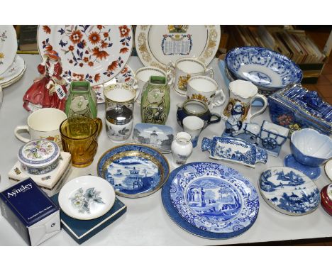 A GROUP OF CERAMICS AND GLASS WARE, to include a pair of Doulton Lambeth vases with relief moulded poppies (hairline, crazing