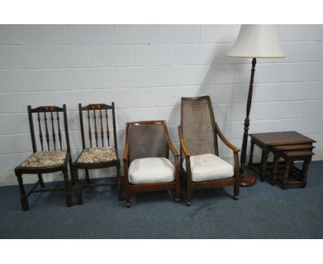 A SELECTION OF 20TH CENTURY OAK FURNITURE, to include a pair of Priory oak dining chairs, two cane back armchairs, a nest of 