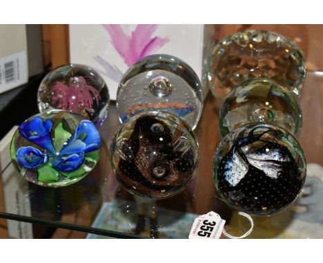 TWO CAITHNESS PAPERWEIGHTS AND FIVE OTHER MODERN GLASS PAPERWEIGHTS, the Caithness comprising 'Goldrush' and 'Cauldron', the 