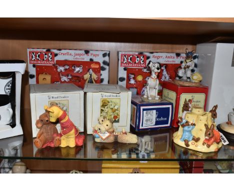 A GROUP  OF ROYAL DOULTON BUNNYKINS AND OLD BEAR FIGURES, comprising 'Sandcastle Money Box' DB228 (broken bunny ear), a boxed