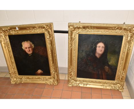 TWO MID VICTORIAN PORTRAITS, the first depicts a seated half-length portrait of an older gentleman, his hand is resting on th