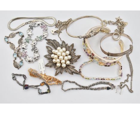 ASSORTED WHITE METAL BRACELETS AND A BROOCH, to include a large multi gem set cuff bangle, set with topaz, amethyst, citrine,