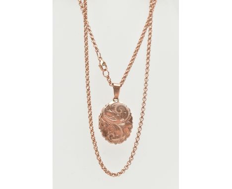 A 9CT ROSE GOLD LOCKET AND CHAIN, oval floral detailed locket, opens to reveal two vacant photo compartments, fitted with a t