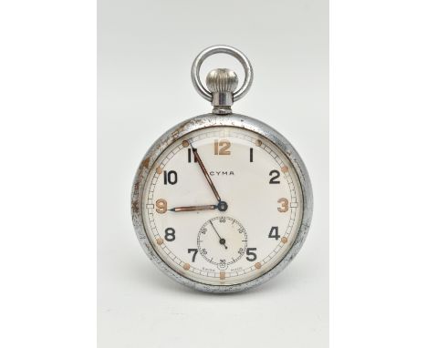 A MILITARY ISSUE 'CYMA' OPEN FACE POCKET WATCH, manual wind, round white dial signed 'Cyma', Arabic numerals, some with lumin