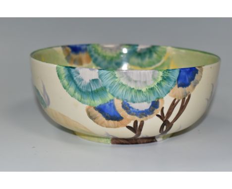 A CLARICE CLIFF BLUE/GREEN RHODANTHE DESIGN BOWL,  diameter 19.5cm, yellow interior,  black printed backstamp 'Hand painted B