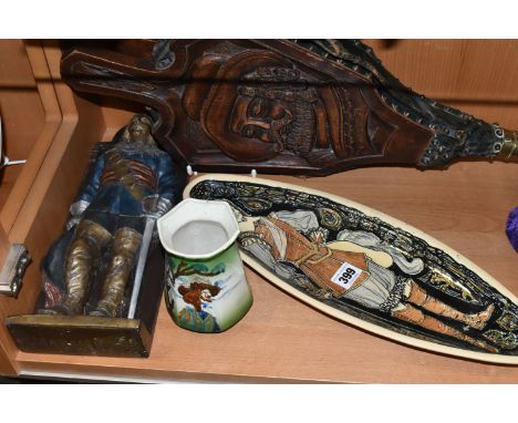 A SET OF LATE VICTORIAN WALNUT, BRASS AND LEATHER BELLOWS CARVED WITH PORTRAIT OF CHARLES I, length 68cm, together with a Mar