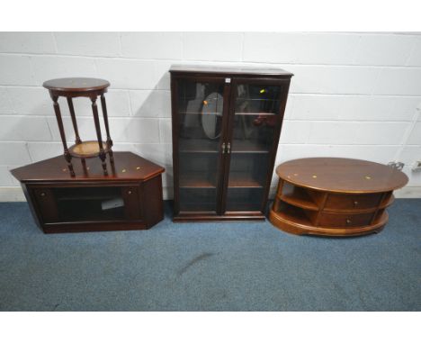 A SELECTION OF 2OTH CENTURY MAHOGANY OCCASIONAL FURNITURE, to include a glazed double door bookcase, width 84cm x depth 34cm 