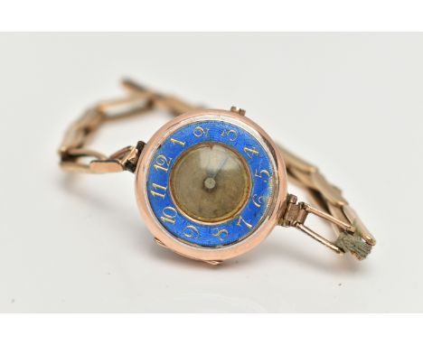 A 9CT GOLD LADIES 'ROLEX' WRISTWATCH, hand wound movement, half hunter case with blue enamel detail, Arabic numerals, approxi