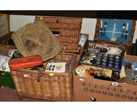 FOUR BOXES OF MISCELLANEOUS SUNDRIES, to include a Beswick Owl 1046, a boxed Ratdyot International driving &amp; fog lamp, tw