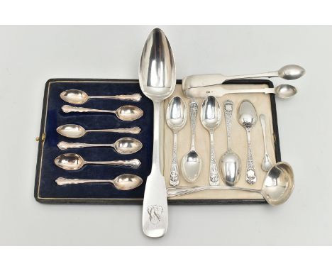 AN ASSORTMENT OF SILVER AND WHITE METAL TABLEWARE, to include a cased set of six silver coffee spoons, hallmarked 'Josiah Wil