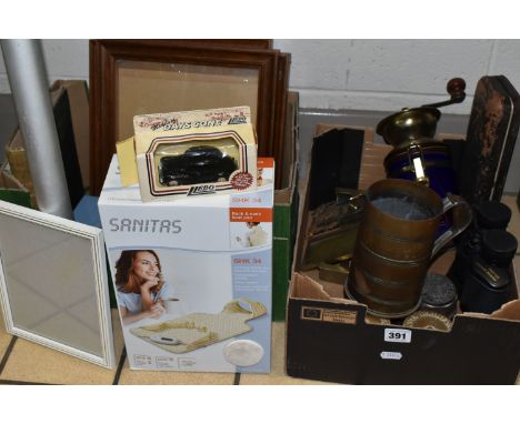 TWO BOXES OF MISCELLANEOUS SUNDRIES, to include a WWII 1941 shell case fashioned into a tankard, a blue ceramic Harrods coffe