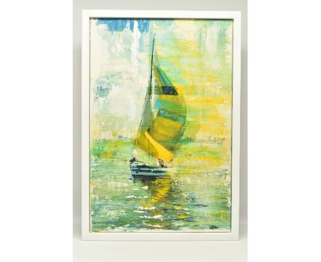 GILL STORR (BRITISH CONTEMPORARY) 'GUST', a contemporary depiction of a yacht under sail, signed bottom right, mixed media on