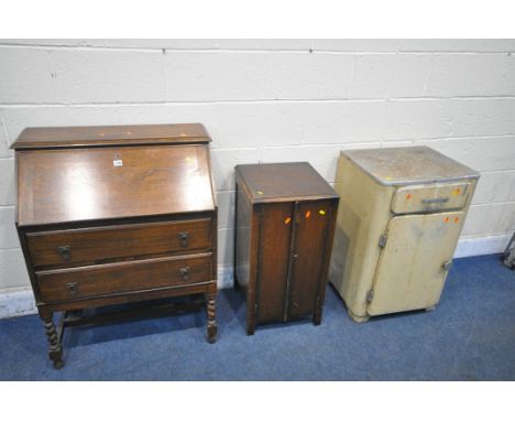 A CREAM INDUSTRIAL ENAMEL CABINET, with a aluminium top and a single drawer, width 53cm x depth 48cm x height 89cm, an oak bu