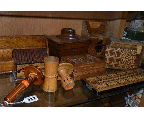 A COLLECTION OF TREEN, comprising two darning mushrooms, a needle case (missing lid and split), an oak Arts &amp; Crafts styl