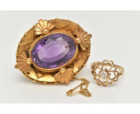 A 9CT GOLD RING AND A BROOCH, an open work design ring principally set with a circular cut cubic zirconia, leading on to bifu