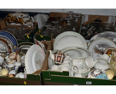 SIX BOXES OF CERAMICS, GLASS AND CUTLERY, to include Royal Worcester gold lustre teapot, cream jug and covered sugar bowl, mo