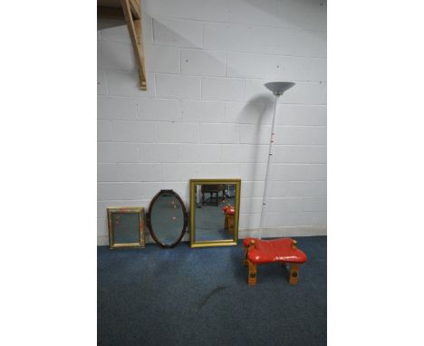 A RECTANGULAR BEVELLED EDGE WALL MIRROR, 89cm x 62cm, an oval bevelled edge wall mirror, a small rectangular mirror, a camel 