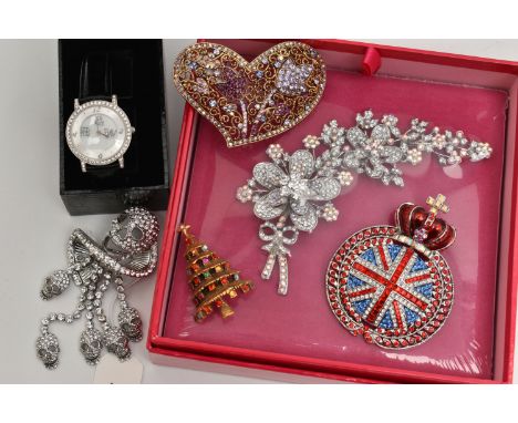 A COLLECTION OF BUTLER AND WILSON JEWELLERY, to include a watch with case, a Union jack brooch, a heart shape brooch, a skull