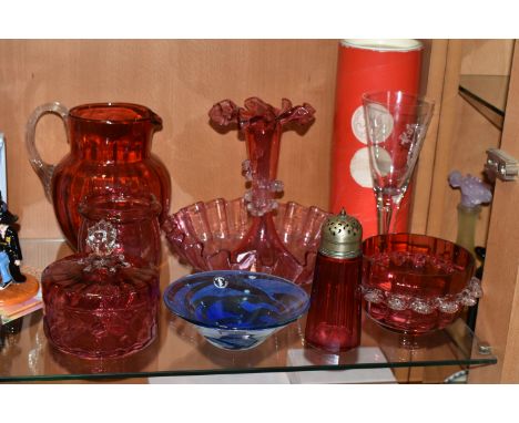 A COLLECTION OF VICTORIAN CRANBERRY GLASSWARE, comprising a modern Dartington Crystal limited edition of 2500 goblet, engrave