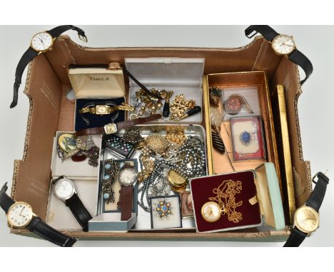 A SELECTION OF COSTUME JEWELLERY AND WATCHES, to include nine wristwatches, including Sekonda, Timex, Accurist etc., together