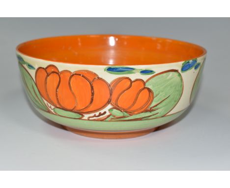 A CLARICE CLIFF FANTASQUE 'ORANGE LILY' DESIGN BOWL, green, orange and blue banding to interior, diameter 21cm, made for Lawl