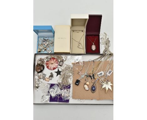 ASSORTED WHITE METAL PENDANTS AND CHAINS, various styles of pendants, some set with semi-precious gemstones, such as smoky qu