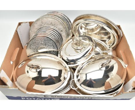 A BOX OF ASSORTED WHITE METAL WARE, to include entree dishes with covers, plate coasters, ladle, trays, serving spoon etc