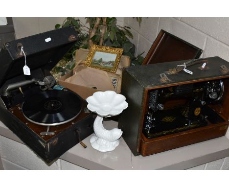 A VINTAGE SEWING MACHINE AND GRAMOPHONE ETC, a Singer 99k sewing machine, serial number EC542439, manufactured November 1939,