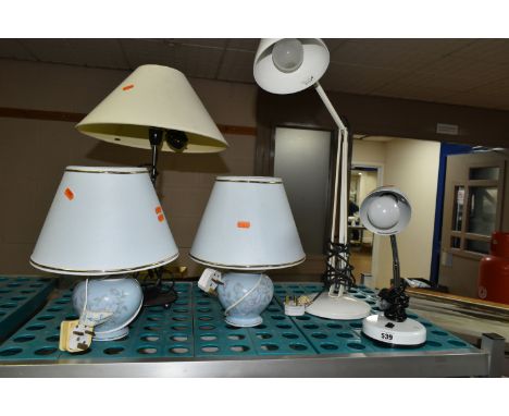 FIVE TABLE LAMPS, comprising a white Anglepoise lamp with circular base, an adjustable desk lamp, a pair of pale blue ceramic