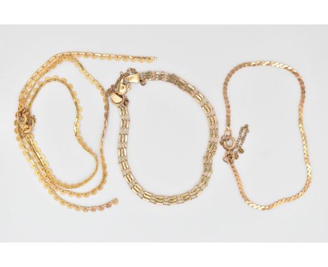 A BROKEN CHAIN NECKLACE AND TWO BRACELETS, broken fancy link chain, fitted with a spring clasp, hallmarked 9ct Sheffield impo