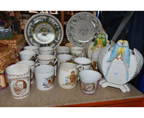 A GROUP OF CERAMICS, to include two Price Kensington budgerigar vases, an S Fielding &amp; Co beaker printed 'The Marquis of 